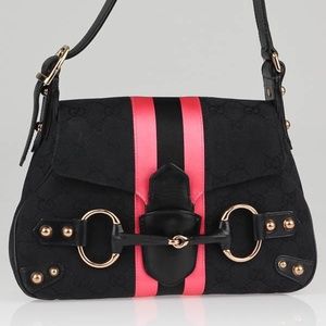 Gucci Black/Pink GG Canvas Horsebit Shoulder Bag